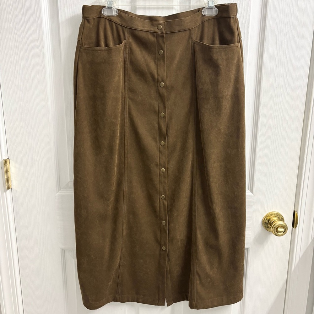 Orvis Vintage Button Front Midi Skirt Brown Faux Suede Size 14 Western Indie